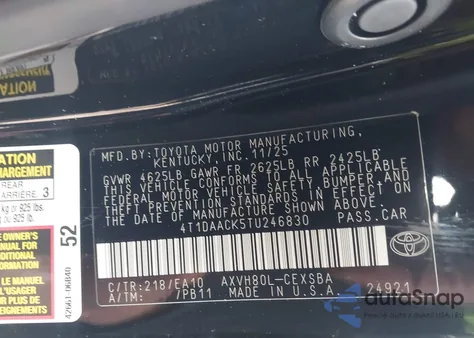 2026 Toyota Camry Se z USA, uszkodzony, nr VIN 4T1DAACK5TU246830